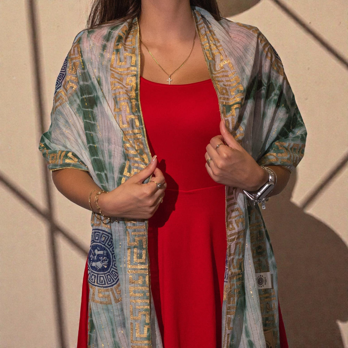 Eșarfă Nomad Sari Summer Marbella cu imprimeu – Verde cu auriu (180x50cm)