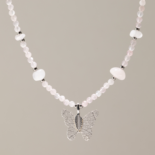 Nymph Rose Quartz Gemstone Necklace with Real Leaf Butterfly Pendant