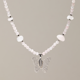 Nymph Rose Quartz Gemstone Necklace with Real Leaf Butterfly Pendant