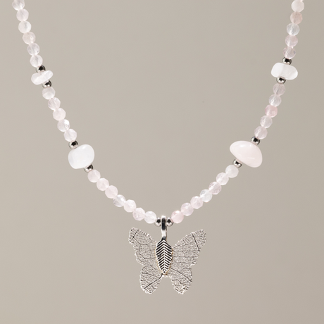 Nymph Rose Quartz Gemstone Necklace with Real Leaf Butterfly Pendant