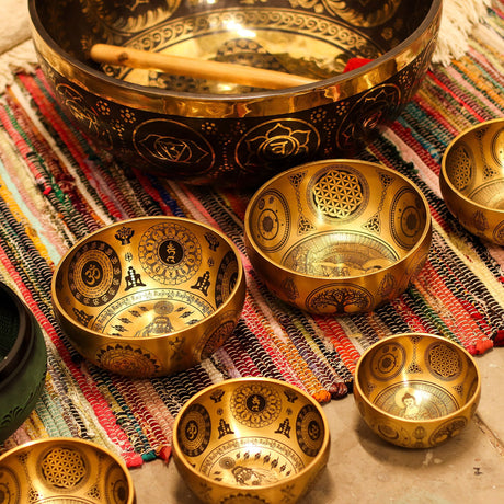Hand‑Etched Brass Buddha Singing Bowls Set of 4