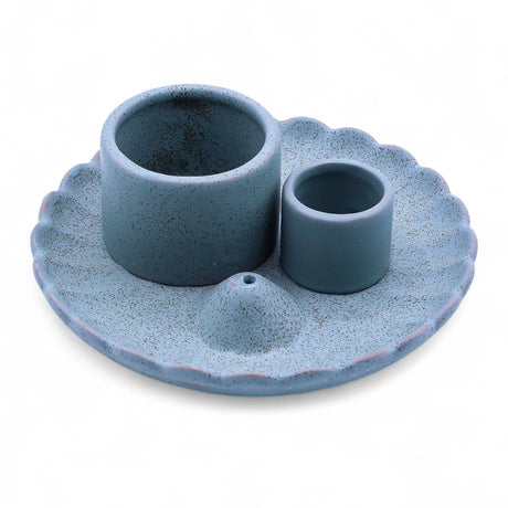Porta Incenso in Ceramica Blu a Forma di Fiore di Loto con Palo Santo e Salvia