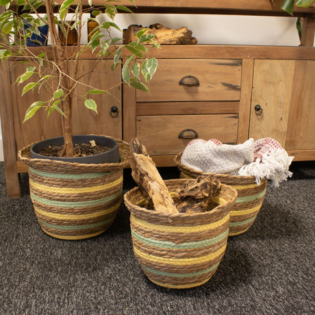 Meriheinä- ja olkikori maljakon muotoisina – luonnollinen keltainen ja vihreä – 3 kappaleen setti