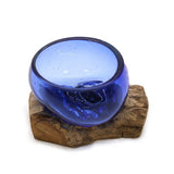 Molten Glass Bowl on Wood Mini Blue