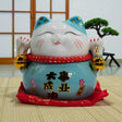 Ceramic Money Cat Bank – Blue on Cushion, Maneki Neko