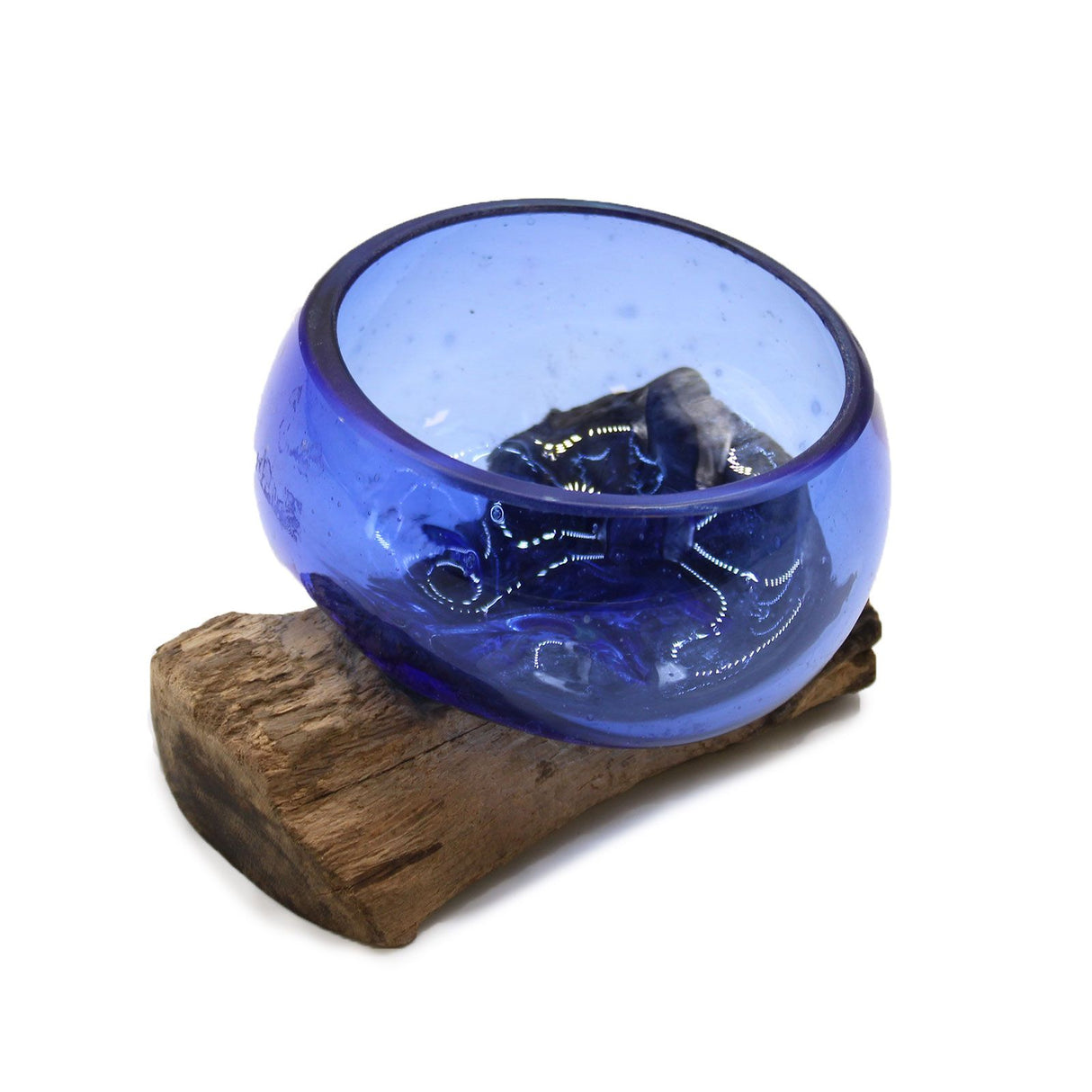 Molten Glass Bowl on Wood Mini Blue