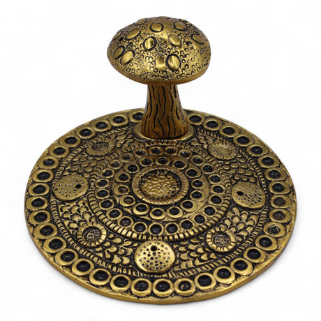 Antique Brass Mushroom Incense Holder Mandala Ring Tray