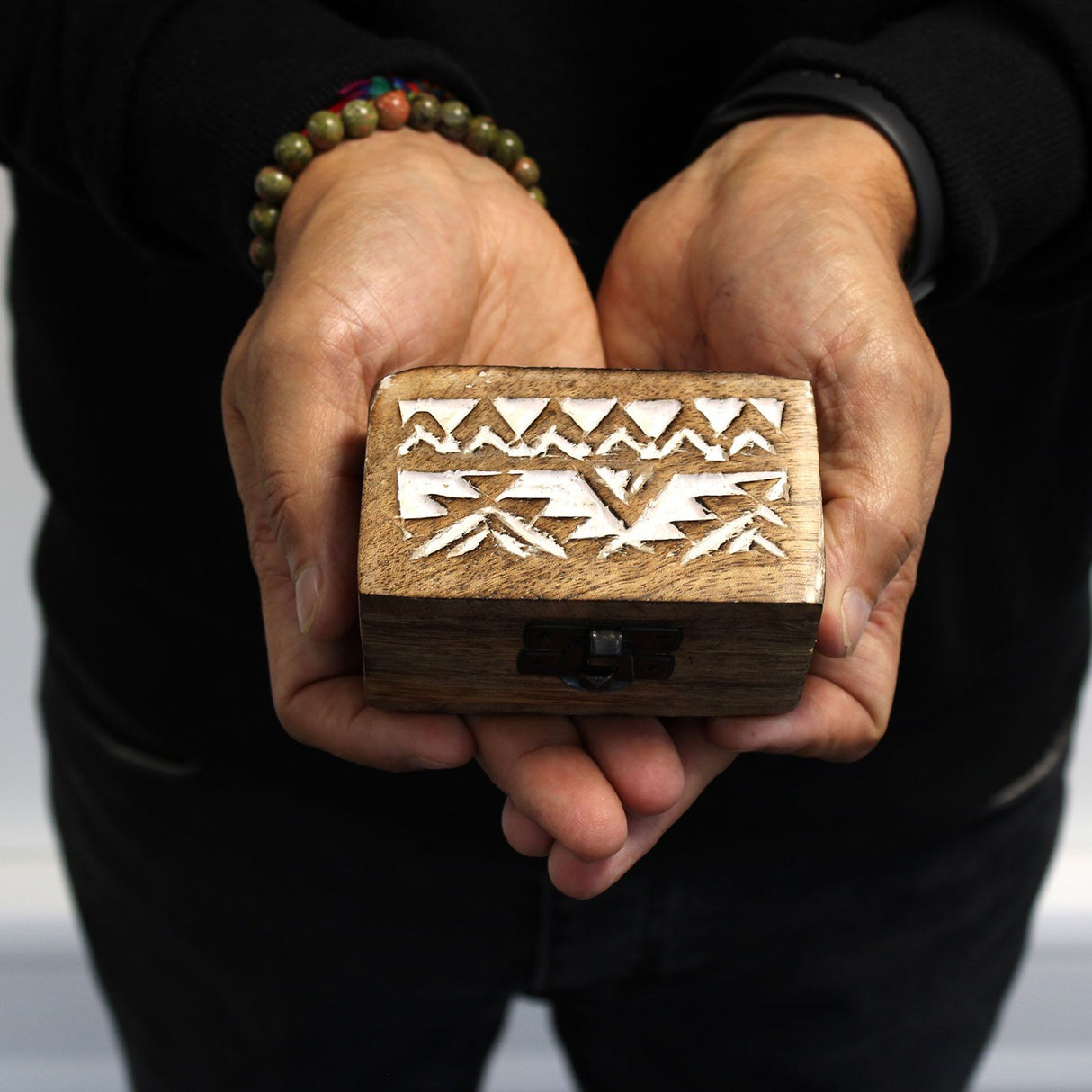Pill Box Wooden Whitewashed Slavic Design 8.5x5.5x4cm