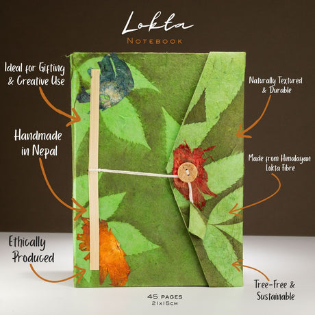 Lokta Tjock Blommig Anteckningsbok – Stor (21x15cm) – 45 Sidor – Inkluderar Bokmärke – Mossgrön