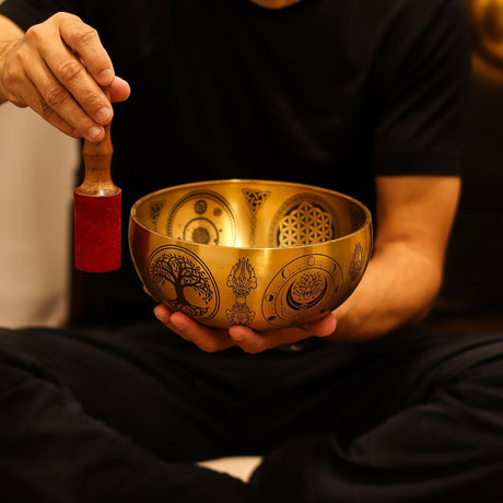Hand‑Etched Brass Buddha Singing Bowls Set of 4