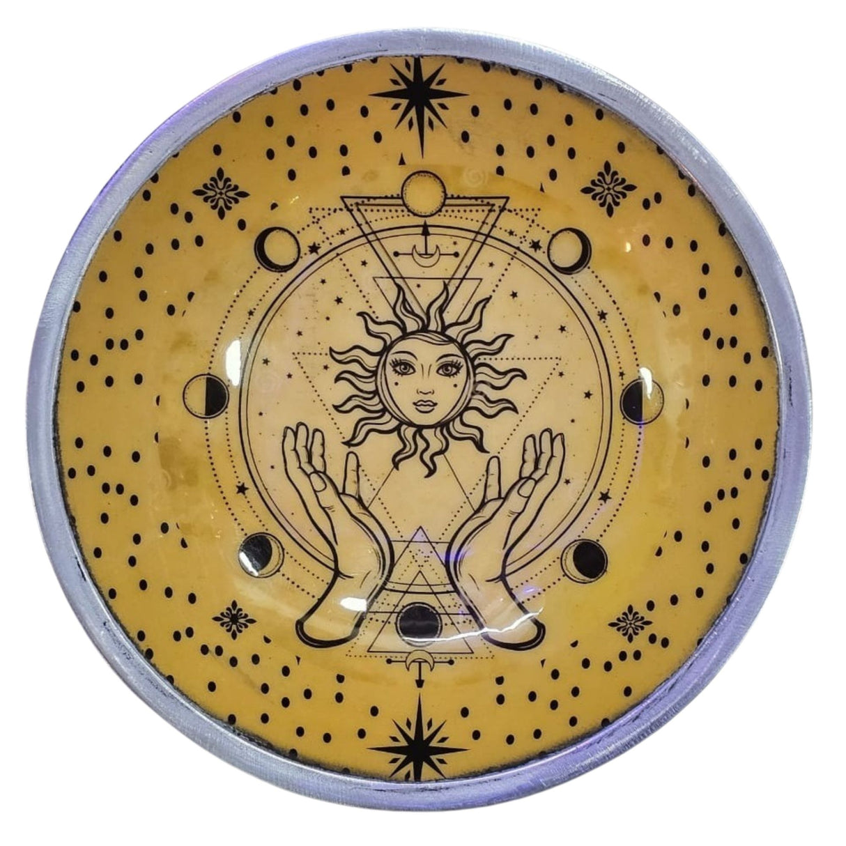 Altar Offering Plate Enameled Tripod Sun and Hands