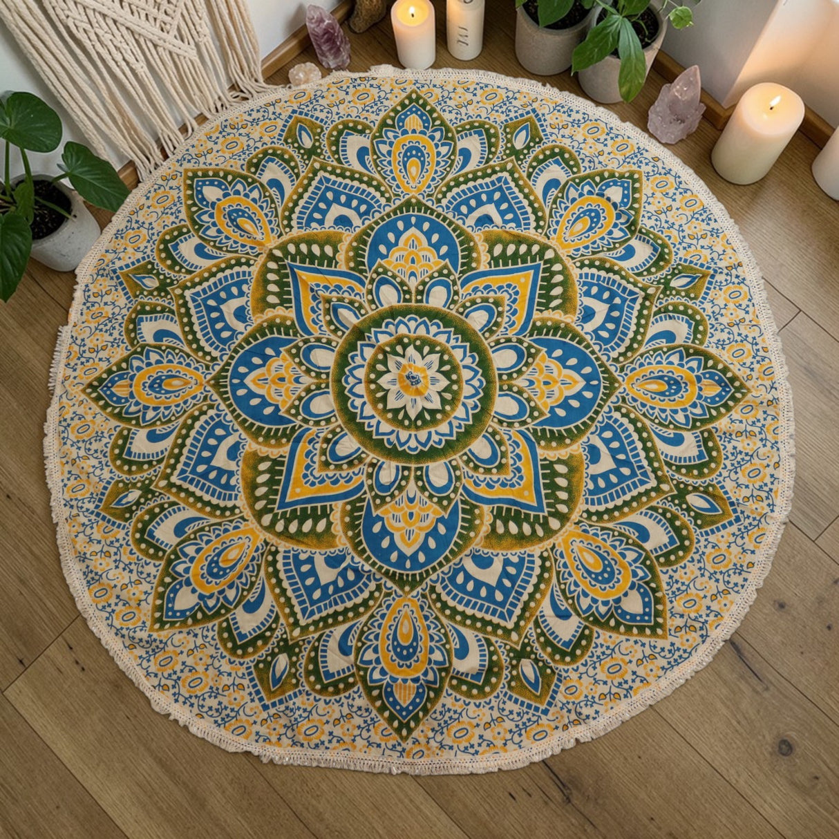Grand Mandala Rond (180 cm) - Jaune et Bleu