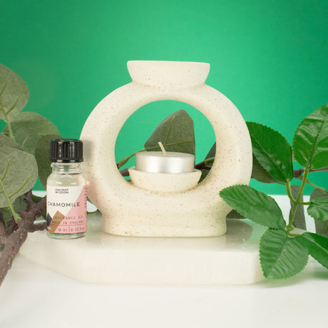 Quemador de Aceite Zen de Cerámica - Guijarro Oval Grande - Blanco Marfil Jaspeado