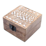 Wooden Box Whitewashed Aztec Design 10x10 cm