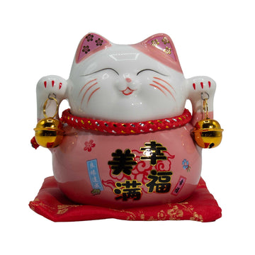 Tirelire chat porte-bonheur en céramique – Rose sur coussin