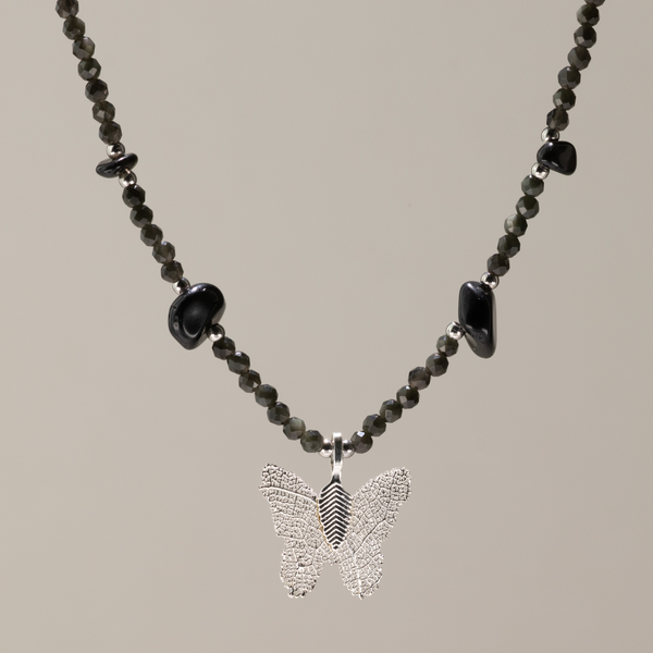 Nymph Black Obsidian Gemstone Necklace with Real Leaf Butterfly Pendant