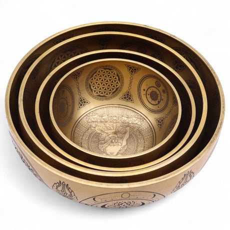 Hand‑Etched Brass Buddha Singing Bowls Set of 4