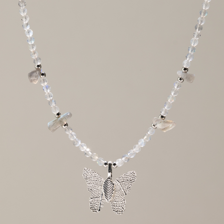Nymph Labradorite Gemstone Necklace with Real Leaf Butterfly Pendant