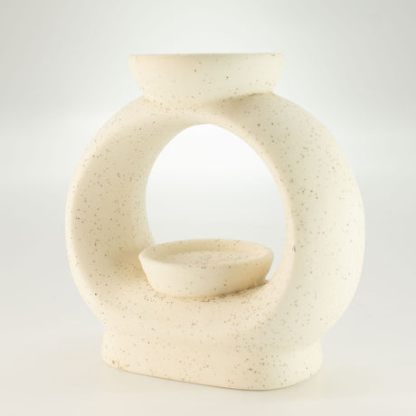 Quemador de Aceite Zen de Cerámica - Guijarro Oval Grande - Blanco Marfil Jaspeado