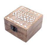 Wooden Box Whitewashed Aztec Design 10x10 cm