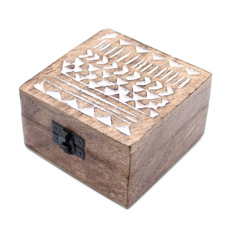 Wooden Box Whitewashed Aztec Design 10x10 cm