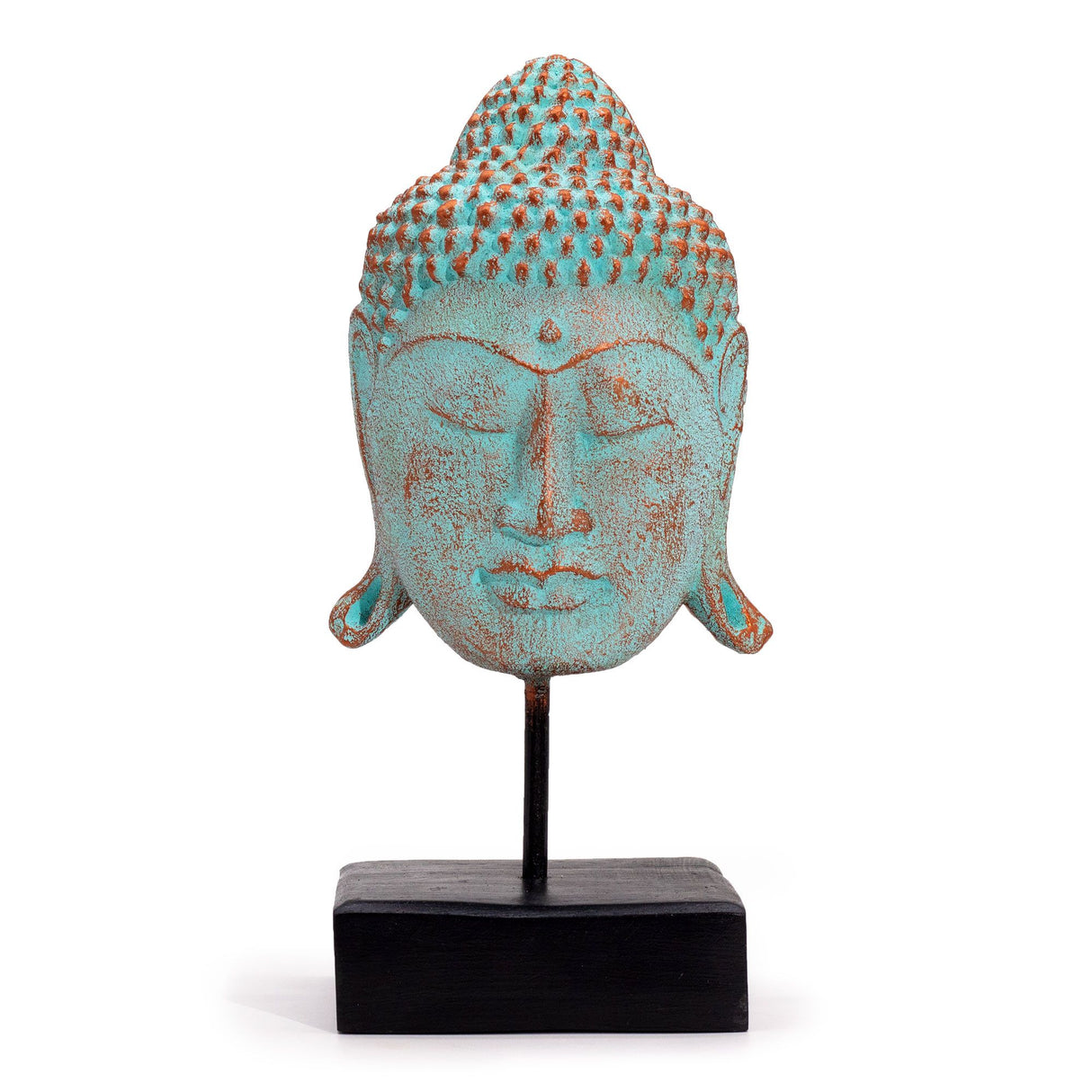 Escultura de cabeza de Buda de cobre verde grande con soporte