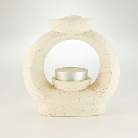 Quemador de Aceite Zen de Cerámica - Guijarro Oval Grande - Blanco Marfil Jaspeado