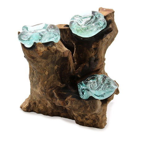 Candle Holder 3-Candle Molten Recycled Glass On Wood