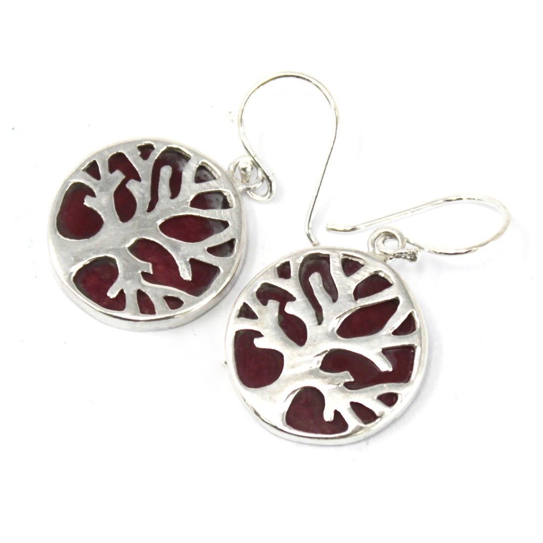 Boucles d'oreilles Arbre de Vie argent effet corail, paire