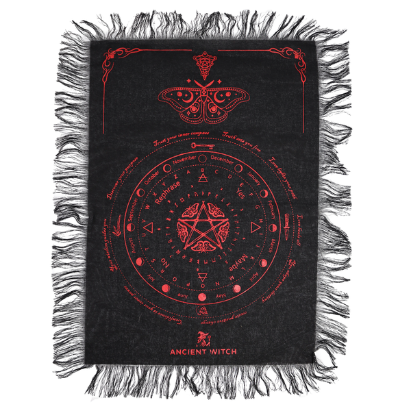 Ancient Witch Pendulum Divination Cloth - Mystic Moth - Black & Blood Red