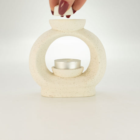 Quemador de Aceite Zen de Cerámica - Guijarro Oval Grande - Blanco Marfil Jaspeado