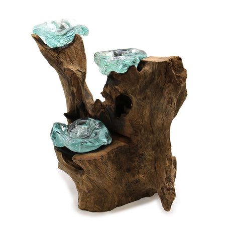 Candle Holder 3-Candle Molten Recycled Glass On Wood
