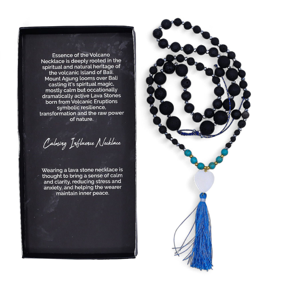 Lava Stone Mala Meditation Necklace with Blue Tassel