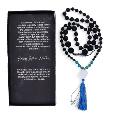 Lava Stone Mala Meditation Necklace with Blue Tassel
