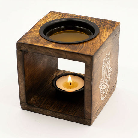 Quemador de Aceite Cuadrado de Madera de Mango – Hamsa