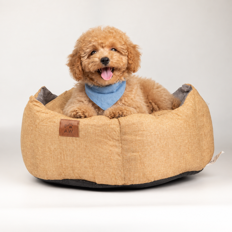 Paw Bed – Medium Royal Crown – Sand & Grey – 50 × 50 × 26 cm