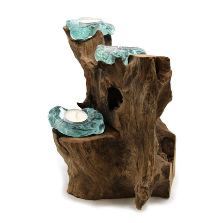 Candle Holder 3-Candle Molten Recycled Glass On Wood
