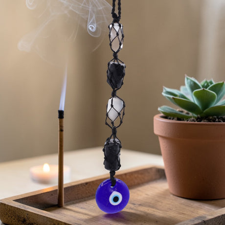 Hanging Stone Pendant – Black Tourmaline & Selenite Tumble- Evil Eye, Wall Hanging