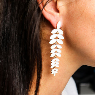 Vintage Pearl White Glass Petal Long Drop Earrings