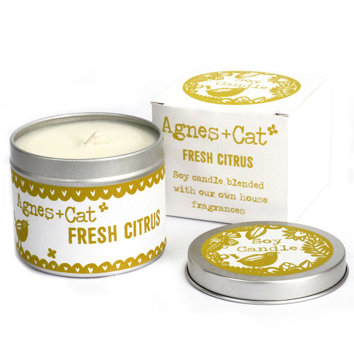 Lumânare parfumată din ceară de soia cu aromă de citrice, recipient metalic, 200ml
