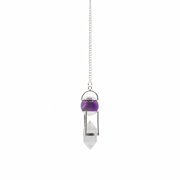 Sucher der Wahrheit – Doppel-Pendel mit Amethystkugel – Doppelendiger Bergkristall