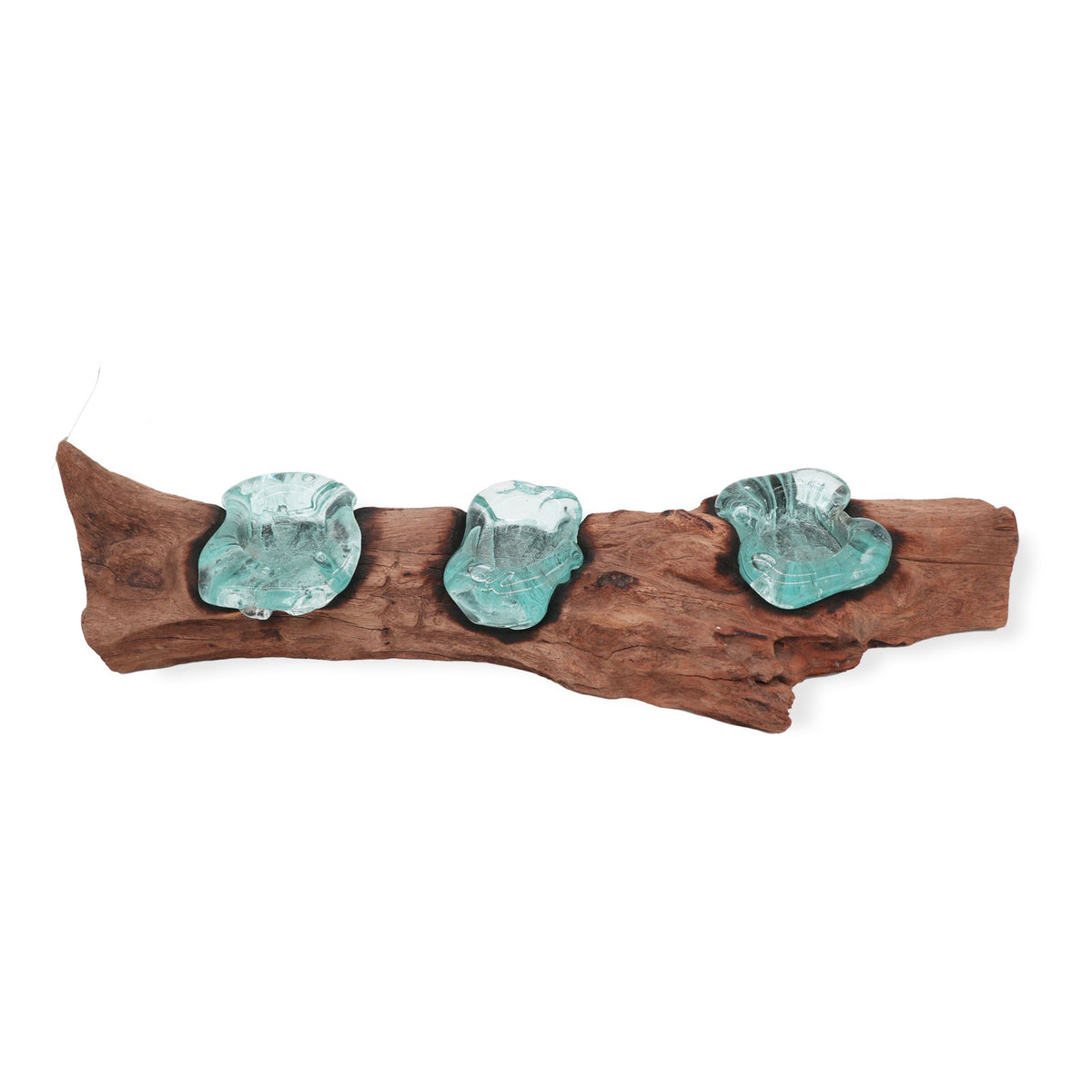 Candle Holder Triple Molten Glass on Wood Base