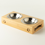PAW Food Bowls - Double Stainless Steel in Wooden Stand - 2 × 12 cm