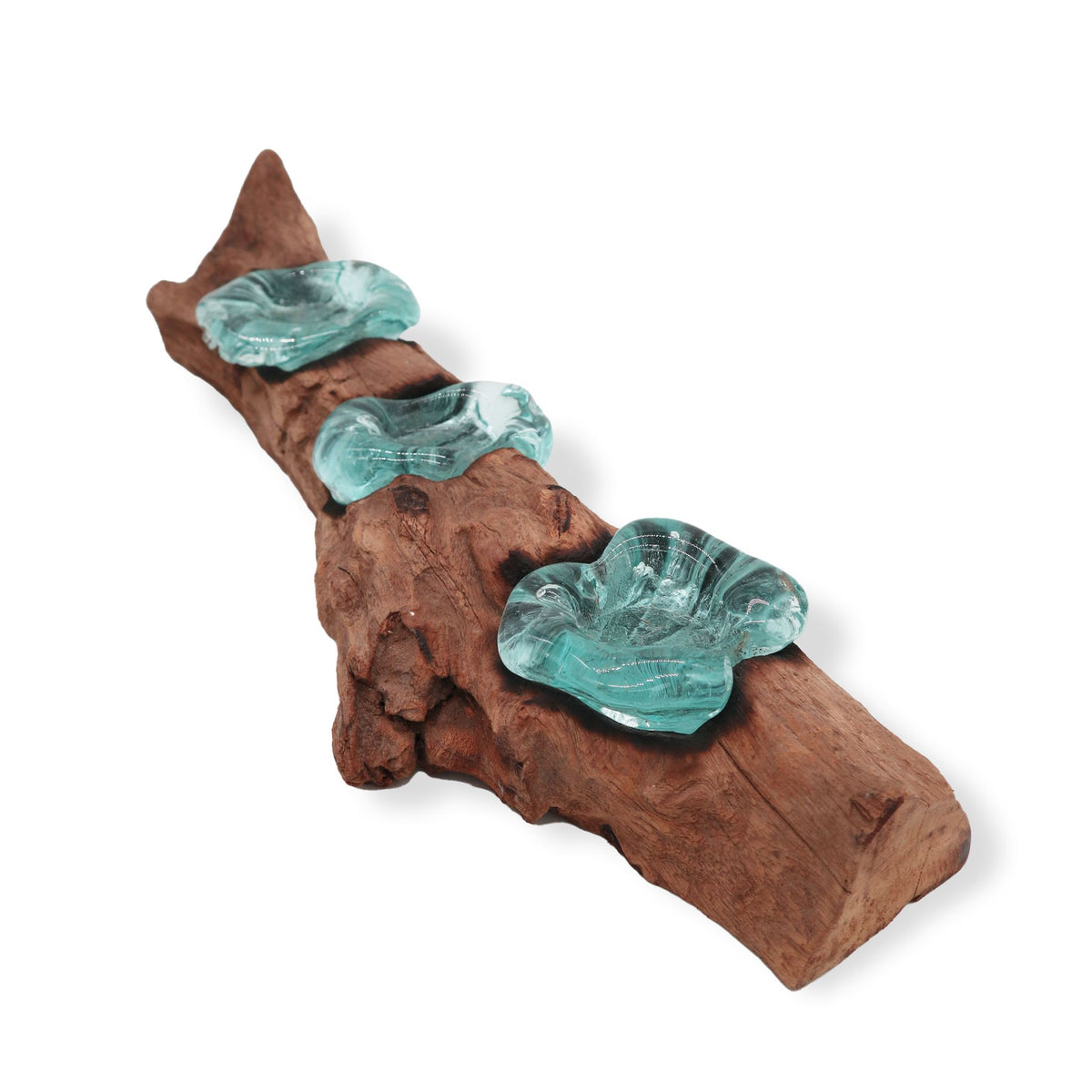 Candle Holder Triple Molten Glass on Wood Base