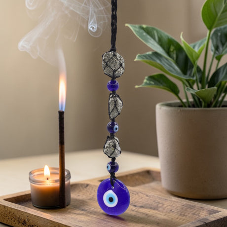 Hanging Stone Pendant – Pyrite Stones & Beads- Evil Eye, Wall Hanging