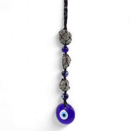 Hängendes Steinamulett – Pyritsteine & Perlen – Böses Auge