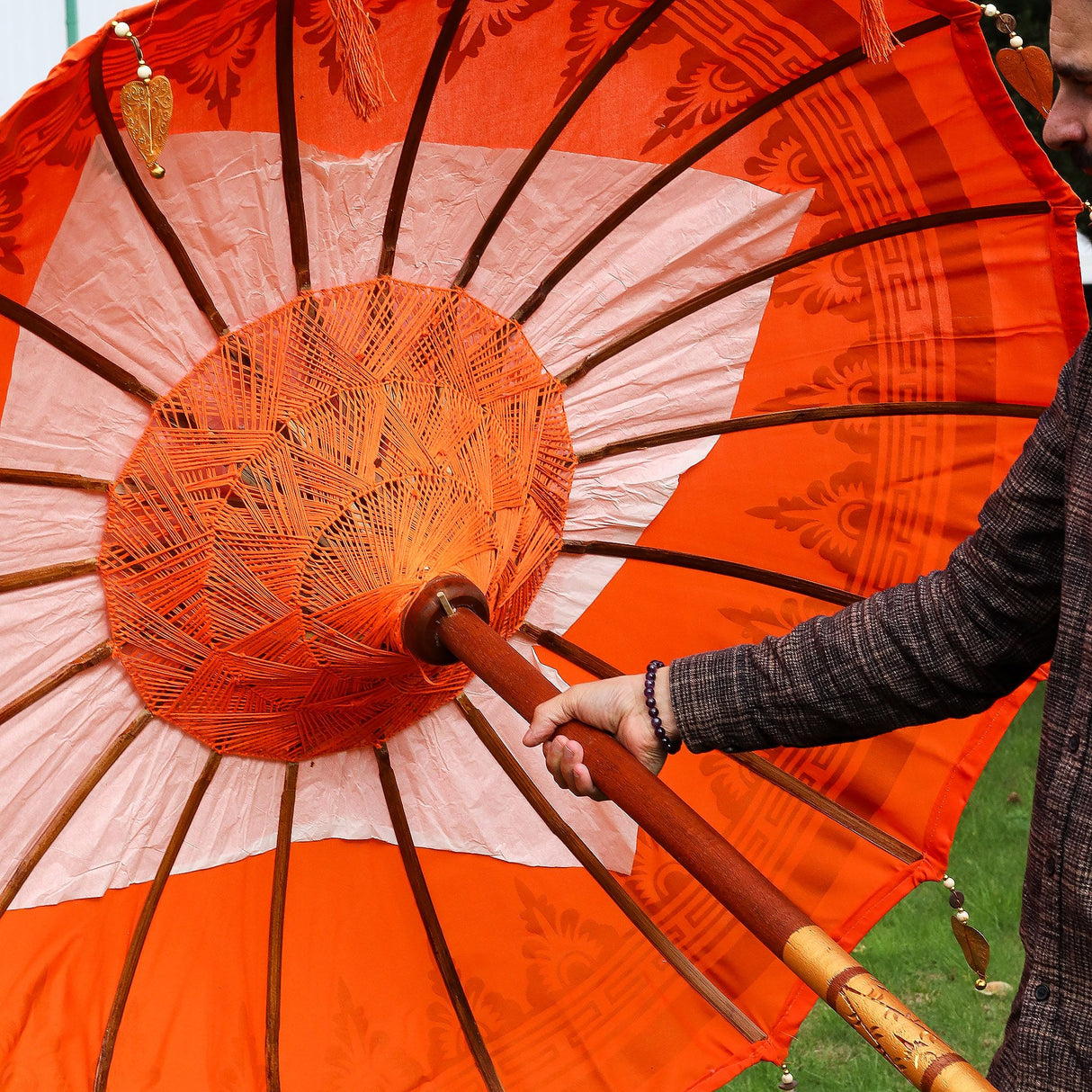 Handmade Balinese Orange Cotton Garden Parasol Umbrella 1.5m