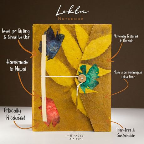 Lokta vahva kukkakuvioinen muistikirja – suuri (21x15cm) – 45 lehteä – Mukana kirjanmerkki – Sinappiruskea