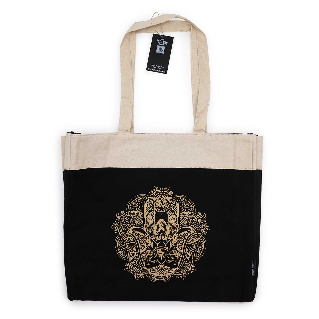 Oversized Chocolate Canvas Zip-Top Tote Bag, Gold Hamsa