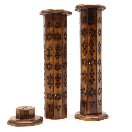 Incense Holder Mango Wood Hexagonal Tower
